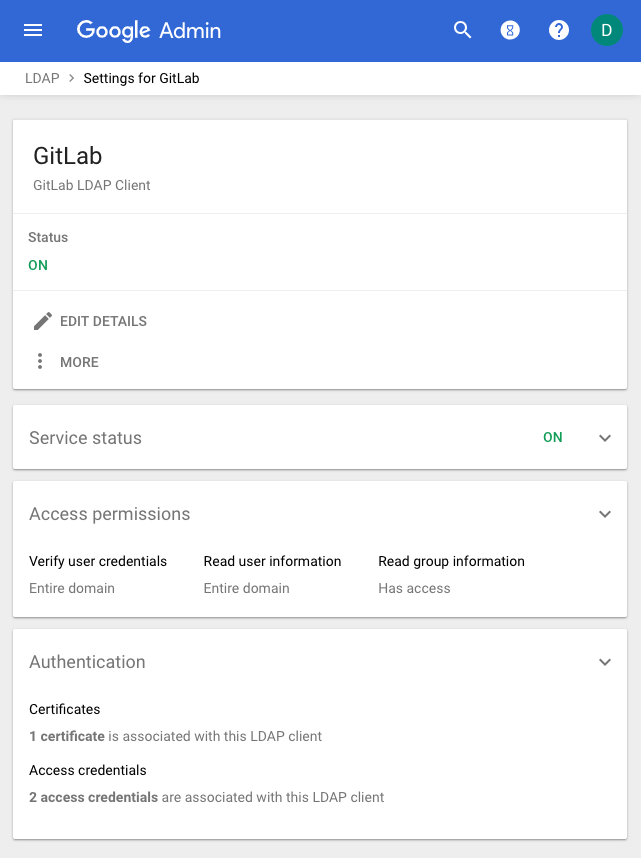 Google Workspace Admin window with configured LDAP settings for GitLab.