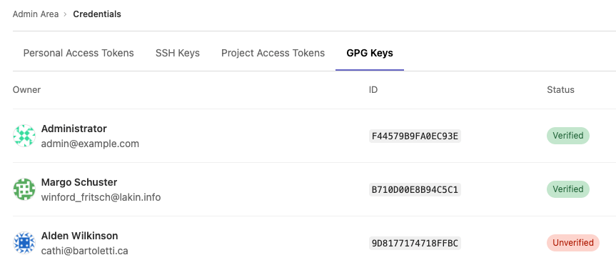 The credentials inventory page listing GPG keys.